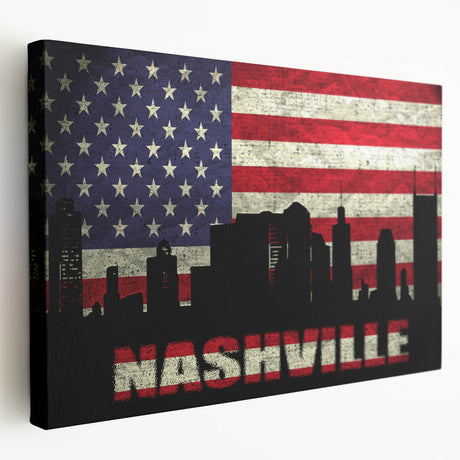 Large art depicting the Nashville skyline in muted earth tones on stretched canvas, suitable for kitchen wall art.