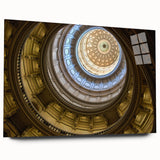 Acrylic print of a large abstract depiction of Austin, Texas, in vibrant blues and greens.