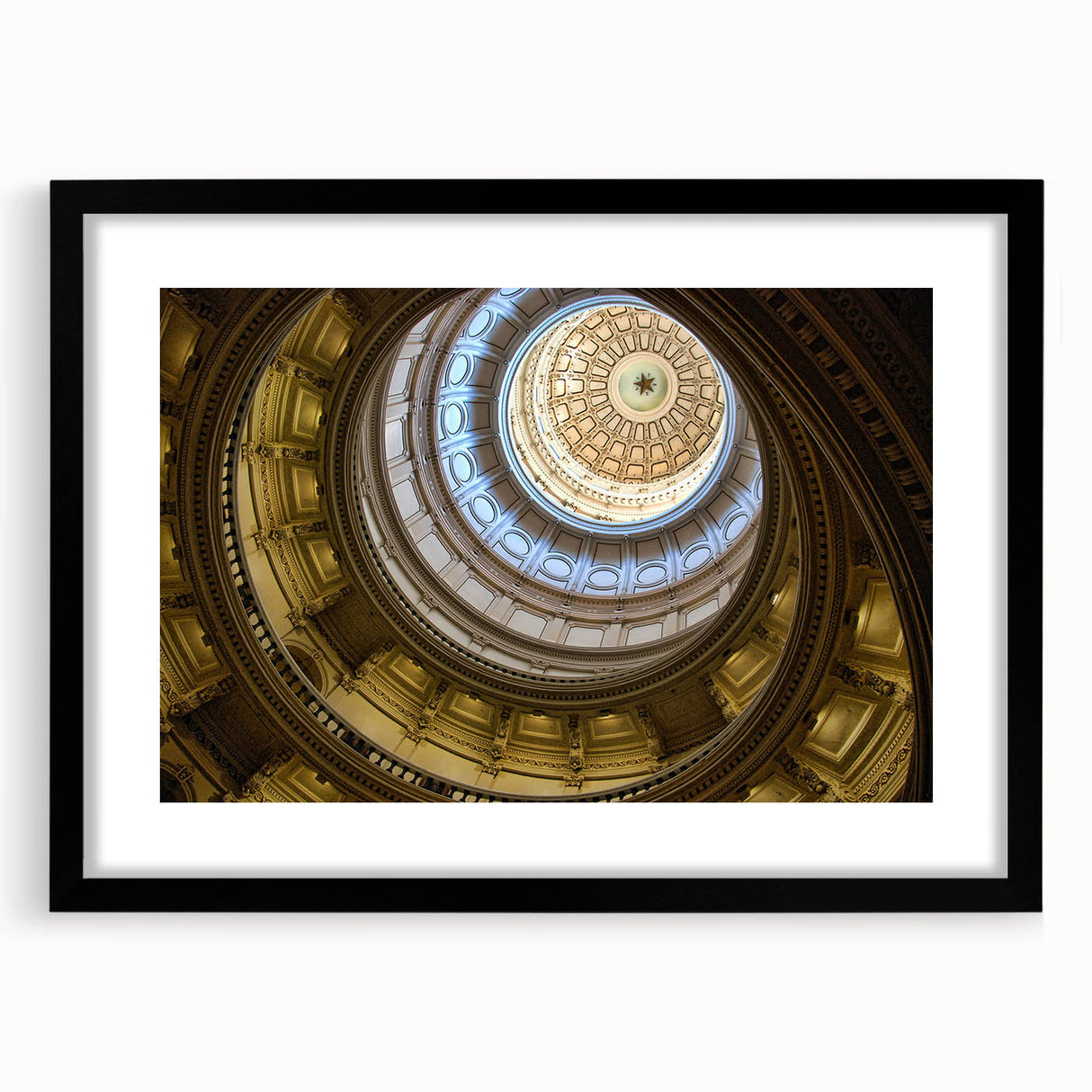 Abstract art print of colorful, textured scenery depicting Austin, Texas, in a large black-framed mat.