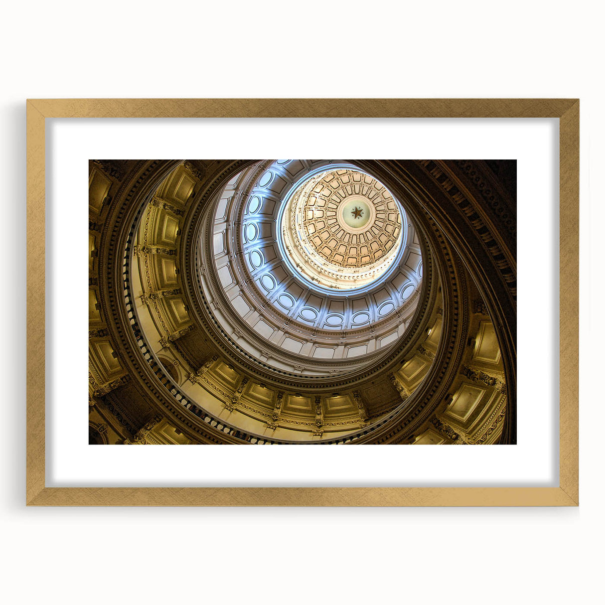 Extra large abstract art print of Austin skyline in textured gold frame, utilizing cool blue and gray tones.