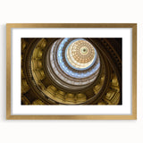 Extra large abstract art print of Austin skyline in textured gold frame, utilizing cool blue and gray tones.