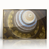 Acrylic print of Austin, Texas skyline in muted gold tones, framed, mid-century modernist style.