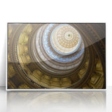 Acrylic print of modern art depicting the Austin, Texas skyline in muted gray and blue tones, ideal for nursery wall decor.