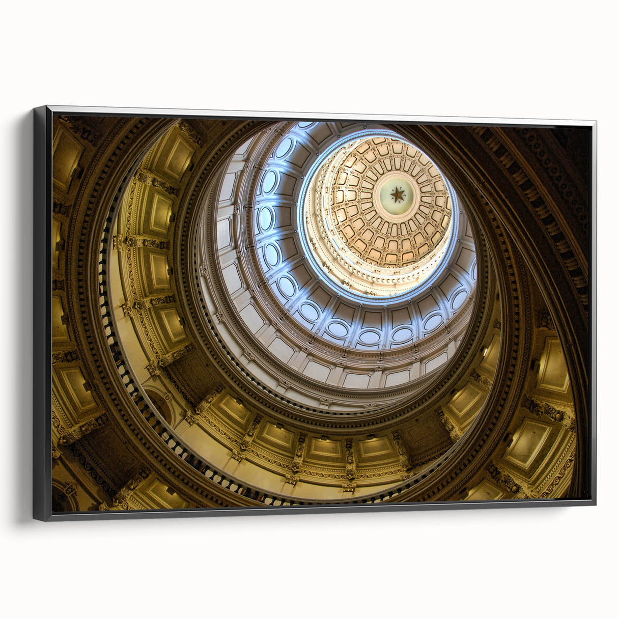 Black and white framed canvas of Austin, Texas landscape in vintage poster style, suitable for bedroom decor.
