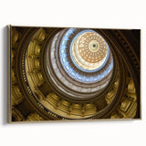 Framed canvas featuring a vintage-style landscape painting of the Austin, Texas skyline in muted gold and black tones.