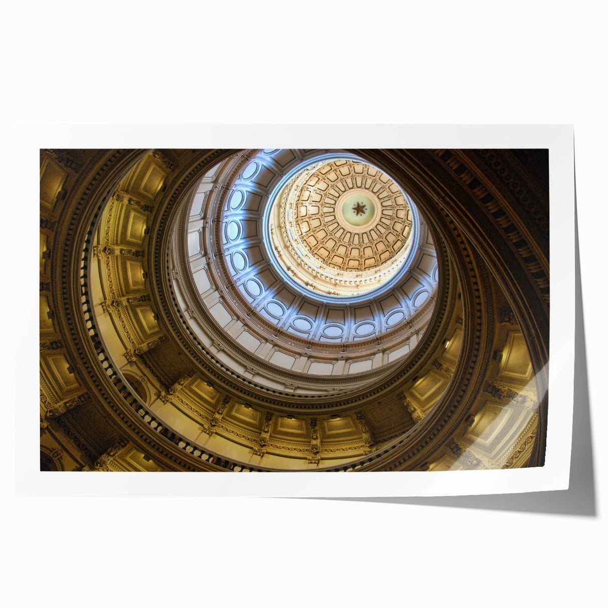 Extra large rolled print of Austin, Texas skyline in muted earth tones, suitable as art wall for dining room.
