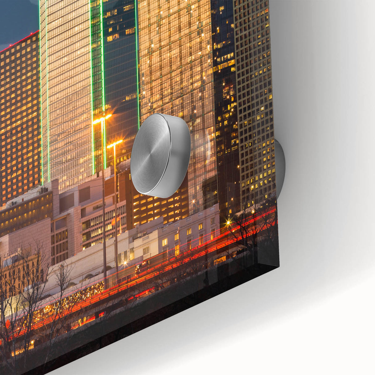 Large abstract depiction of the Dallas skyline in muted blue and green tones on acrylic glass, suitable for dining room art.