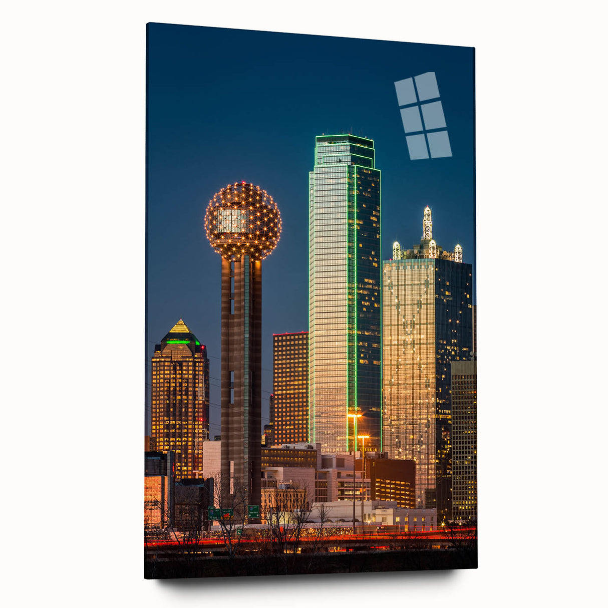 Acrylic print of a large abstract depiction of the Dallas skyline in muted blues and grays.