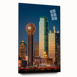 Acrylic print of a large abstract depiction of the Dallas skyline in muted blues and grays.