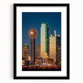 Extra large abstract art print of Dallas skyline in colorful, textured hues on a black framed canvas.