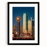 Extra large abstract art print of Dallas skyline in colorful, textured hues on a black framed canvas.