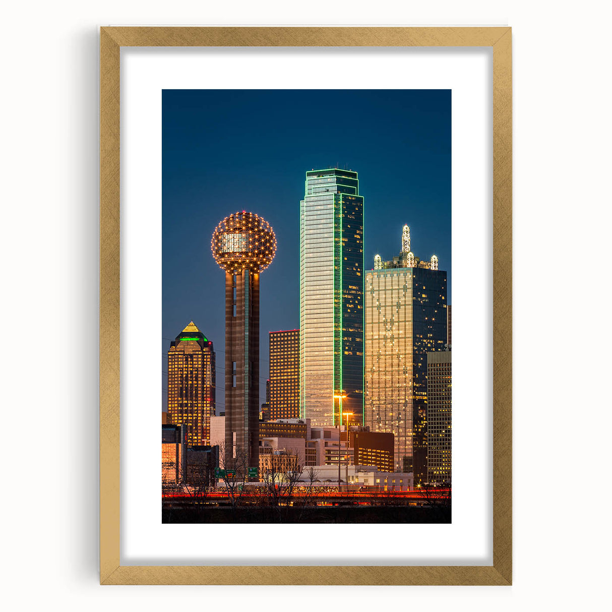 Extra large abstract art print of Dallas skyline in textured gold frame, ideal for living room decor.