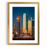 Extra large abstract art print of Dallas skyline in textured gold frame, ideal for living room decor.