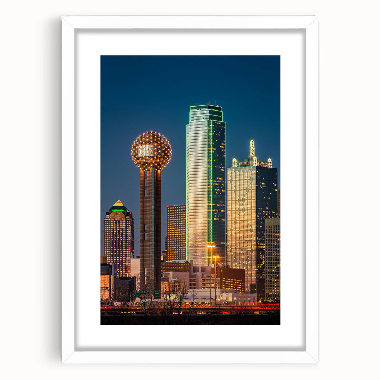 Abstract art print of Dallas skyline in muted blue and gray tones on a framed white mat, ideal for dining room decor.