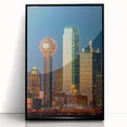 Large abstract wall art of Dallas skyline in muted grey and black tones on framed acrylic, suitable for modern office decor.