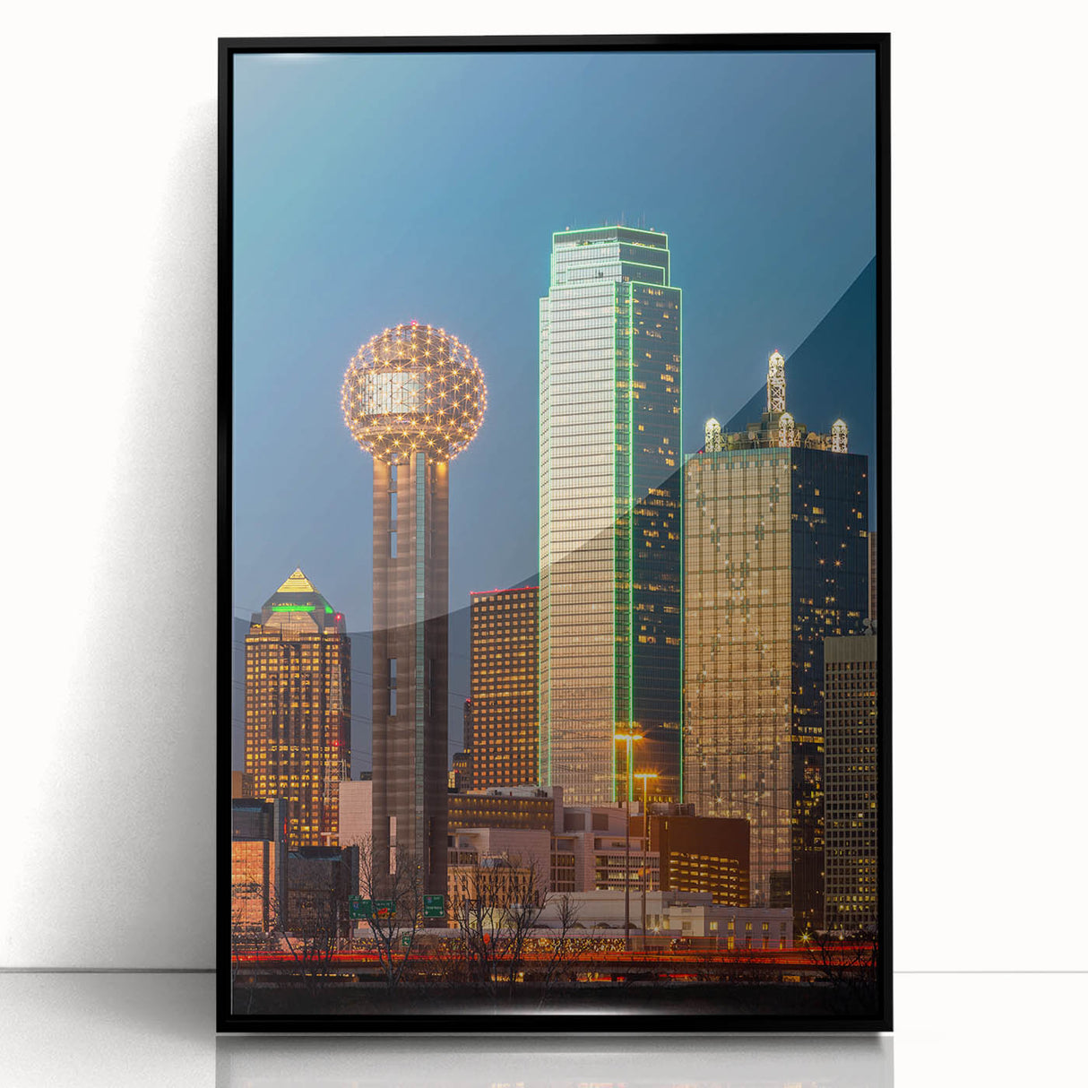 Large abstract wall art of Dallas skyline in muted grey and black tones on framed acrylic, suitable for modern office decor.