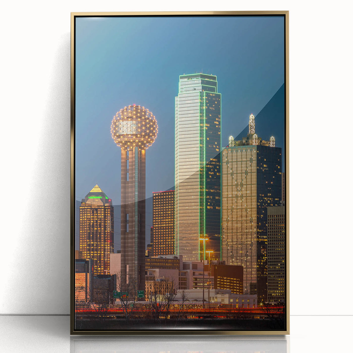 Dallas skyline depicted in muted gold and blue tones on a framed acrylic print, suited for modern art wall decor.