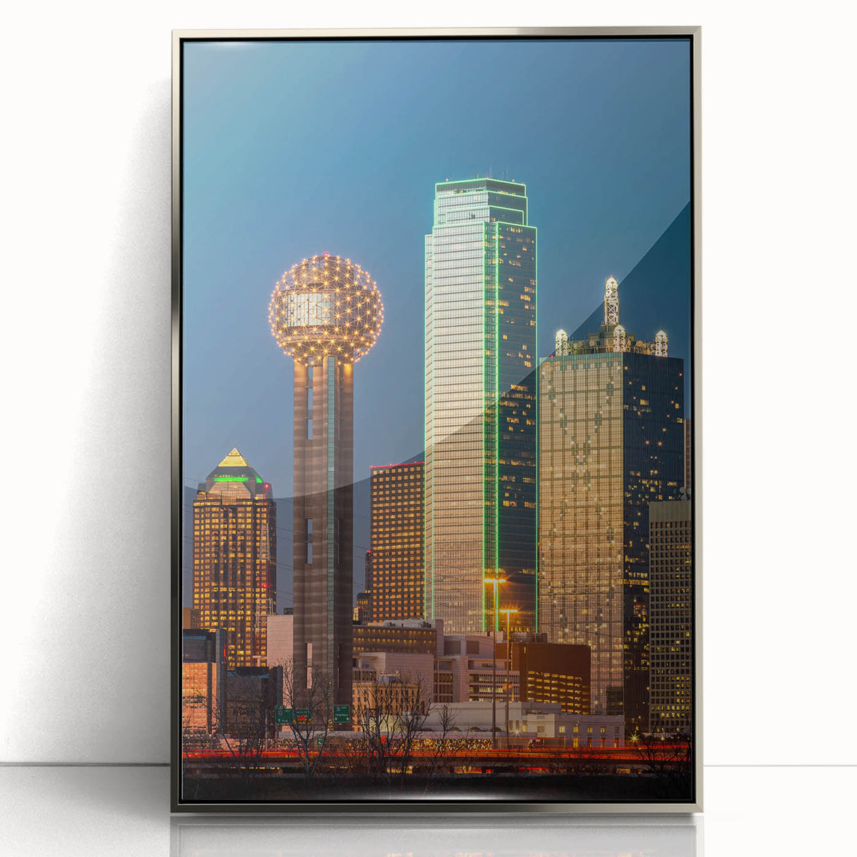Framed acrylic print of Dallas skyline in mid-century modernist style, featuring muted blue and silver tones.