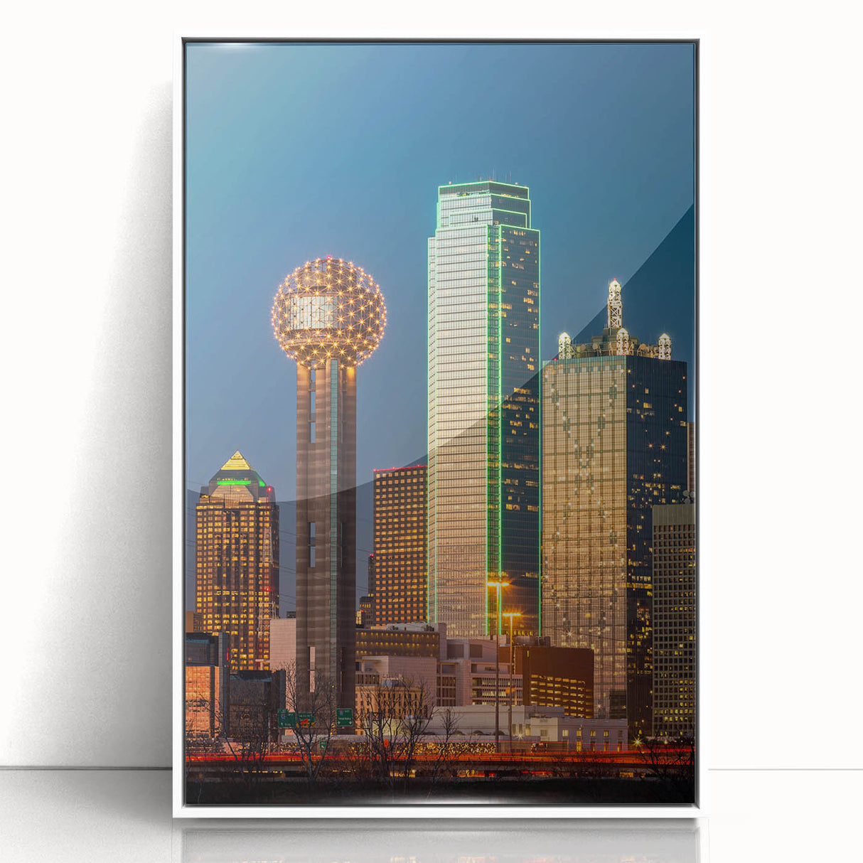 Art Deco style poster of Dallas skyline in muted gray and blue tones on framed acrylic, ideal for modern art wall decor.
