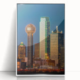 Art Deco style poster of Dallas skyline in muted gray and blue tones on framed acrylic, ideal for modern art wall decor.