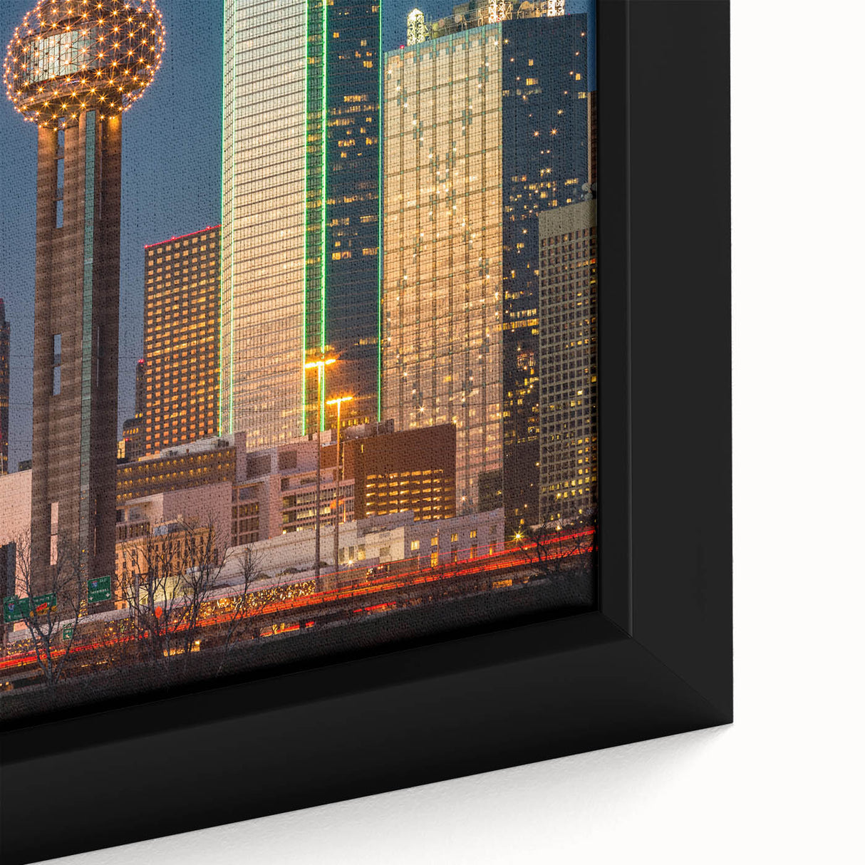 Extra large framed canvas featuring a textured depiction of the Dallas skyline in black with colorful accents.