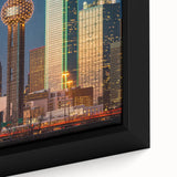 Extra large framed canvas featuring a textured depiction of the Dallas skyline in black with colorful accents.