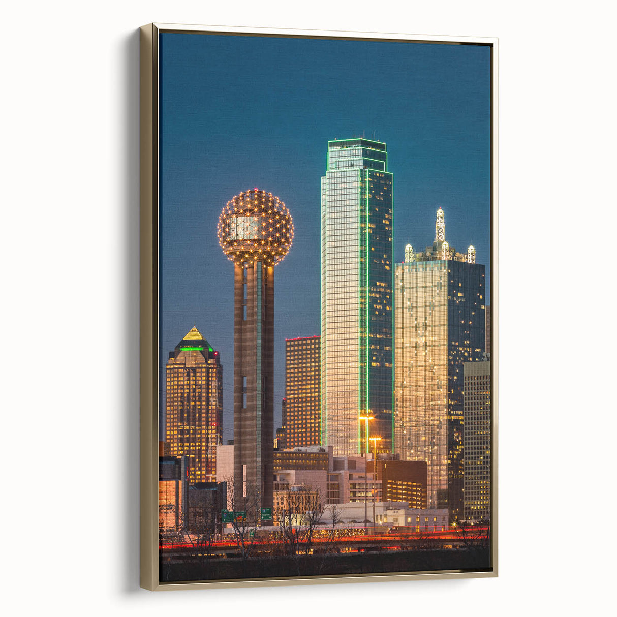 Framed canvas wall art featuring a black and gold Dallas skyline, ideal for bedroom decor.