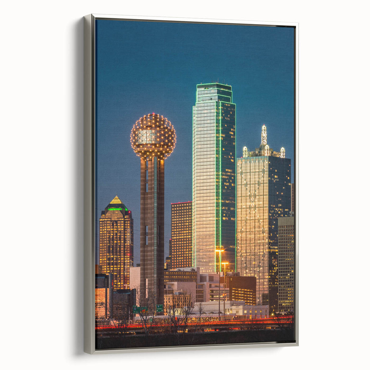 Framed canvas of Dallas skyline in colorful art style, ideal for modern office decor.