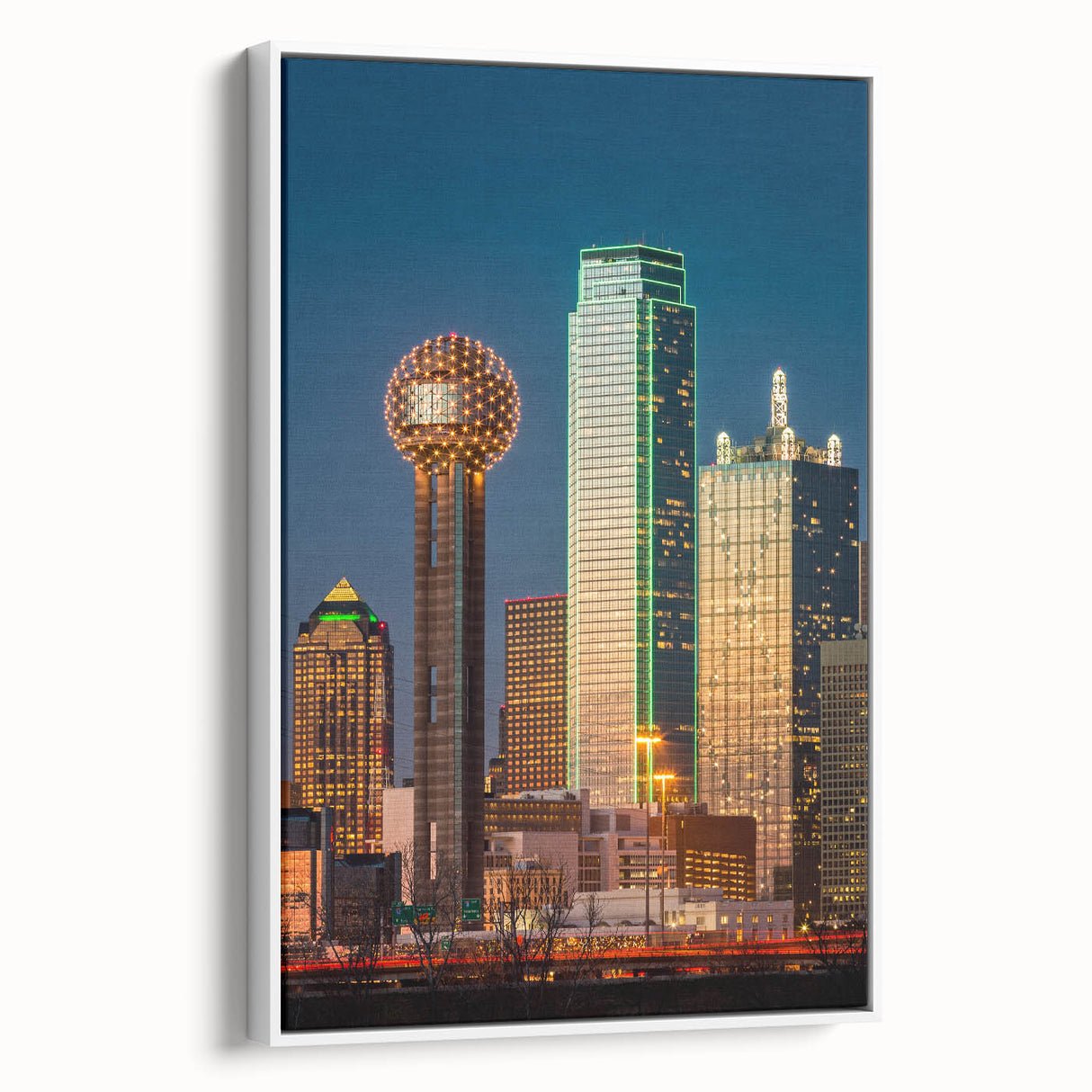 Framed canvas vintage poster art of Dallas skyline in colorful palette, ideal for living room decor.