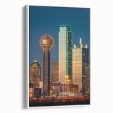 Framed canvas vintage poster art of Dallas skyline in colorful palette, ideal for living room decor.