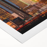 Art Deco poster of Dallas skyline in muted blue and gray tones on rolled canvas, suitable for dining room wall art.