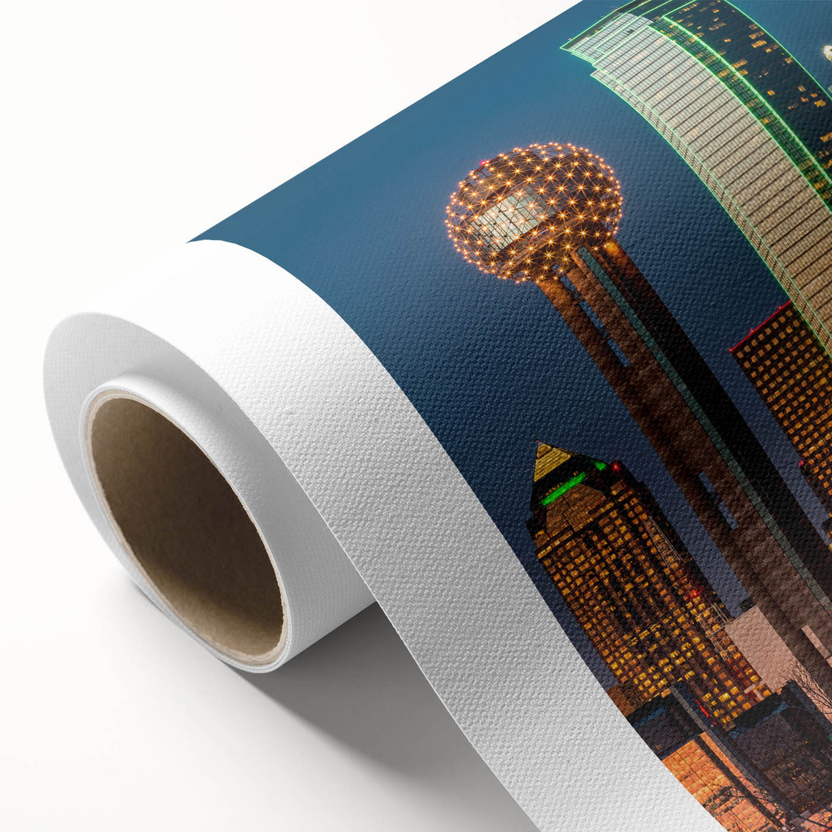 Art Deco style Dallas skyline on a rolled canvas with pastel shades, suitable as nursery wall art.