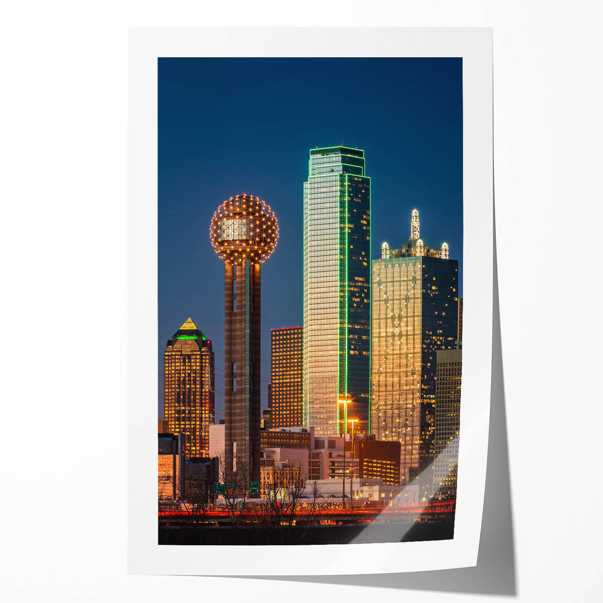 Extra large rolled print of Dallas skyline in muted gray tones, ideal for art wall dining room.