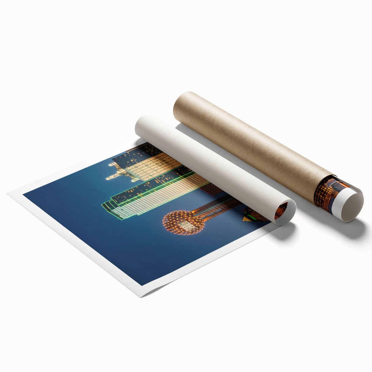 Rolled print of Dallas skyline with soft pastel hues, ideal for classy bathroom wall art.