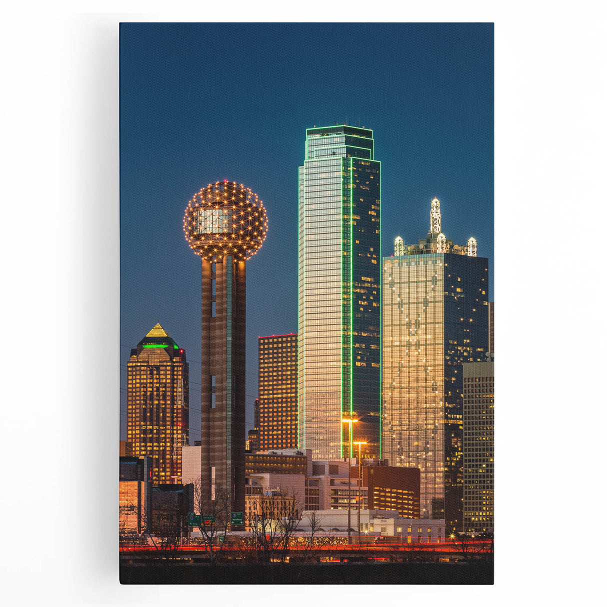 Black and white stretched canvas of Dallas skyline, ideal for kitchen wall art.