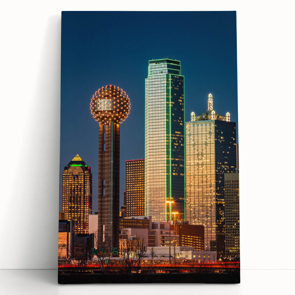 Dallas skyline in black and white on large stretched canvas, ideal for kitchen wall art or bedroom decor.