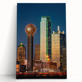 Dallas skyline in black and white on large stretched canvas, ideal for kitchen wall art or bedroom decor.