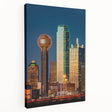 Dallas skyline depicted in muted blue and gray tones on a stretched canvas, suitable for kitchen wall art.