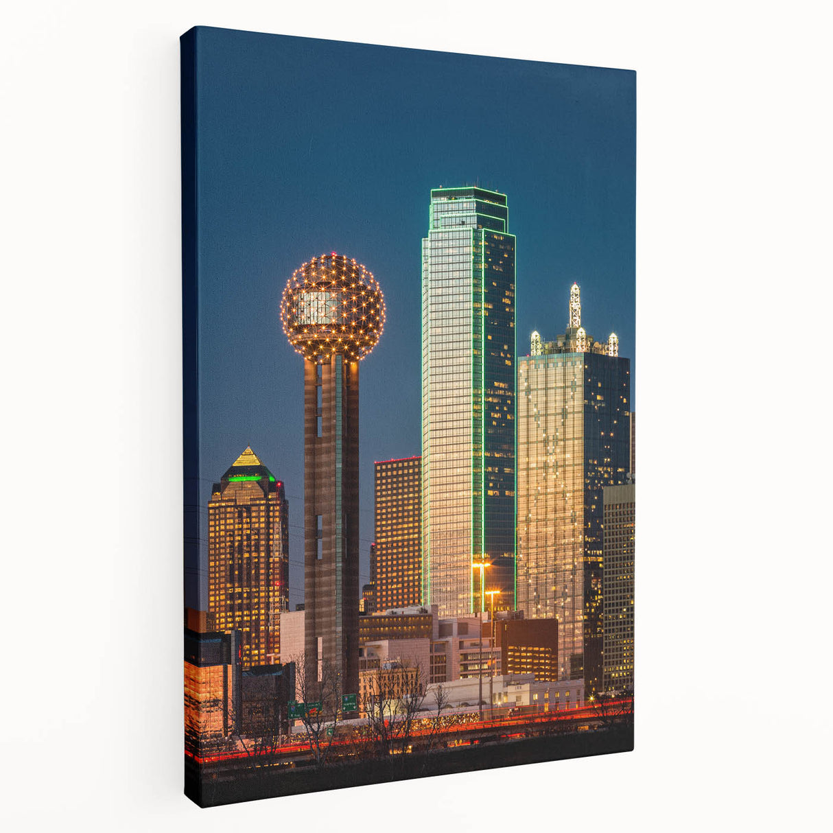 Dallas skyline depicted in muted blue and gray tones on a stretched canvas, suitable for kitchen wall art.