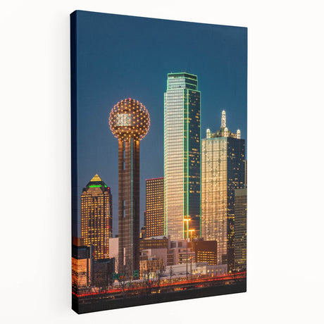Dallas skyline depicted in muted blue and gray tones on a stretched canvas, suitable for kitchen wall art.