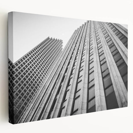 Large art depicting the Houston skyline in muted gray and blue tones on a stretched canvas, ideal for kitchen wall art.