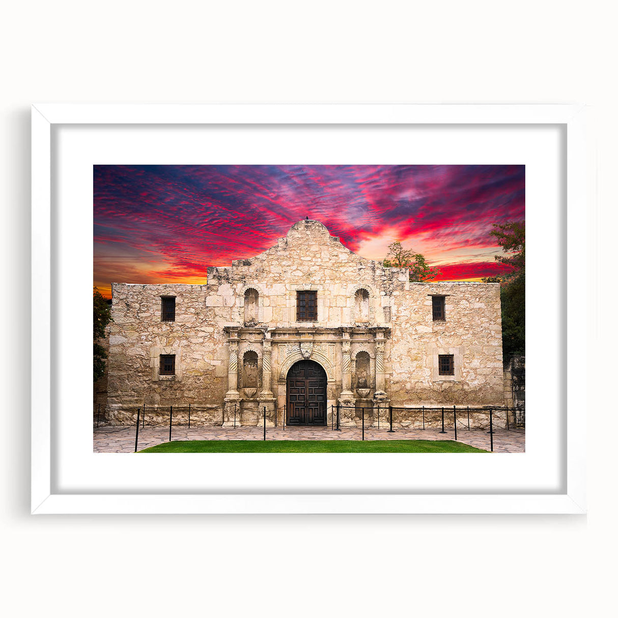 Abstract art print of San Antonio skyline in muted blue and gray tones on a white framed poster.