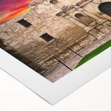 Art deco poster of San Antonio skyline in muted gold and blue tones on rolled canvas, suitable for dining room decor.