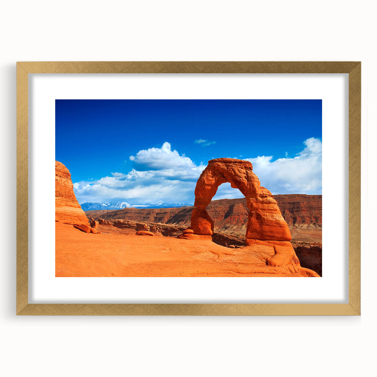 Extra large framed wall art of Arches National Park in Utah, featuring earth tones and textured abstract design.