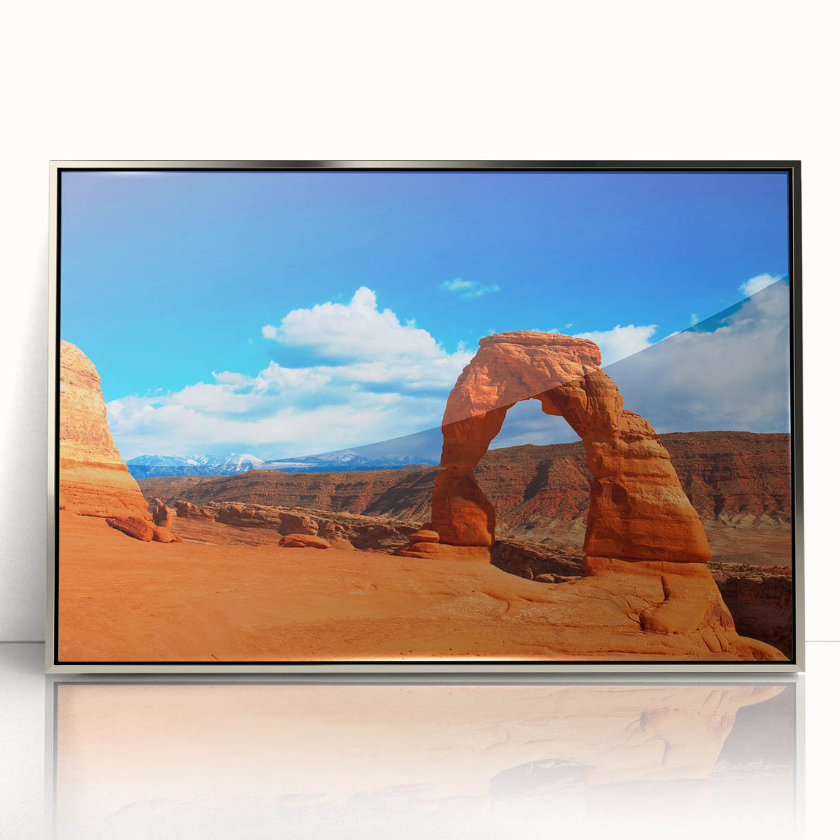 Mid-century modernist art depicting Arches National Park in muted earth tones, framed acrylic, ideal for nursery wall decor.