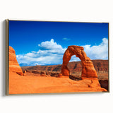 Framed canvas featuring a landscape painting of Arches National Park in Utah with earthy tones, ideal for bedroom wall art.
