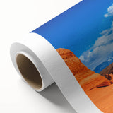 Art deco poster of Arches National Park on rolled canvas, featuring orange and red rock formations.