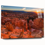 Acrylic print of Bryce Canyon with vivid orange and red hues, ideal for enhancing bedroom or dining room walls.