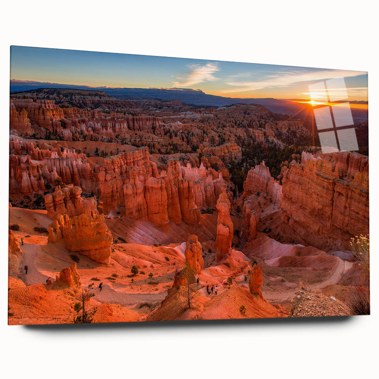 Acrylic print of Bryce Canyon in vibrant orange and red hues, suited for bedroom or dining room decor.