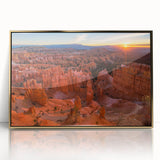Large art print of Bryce Canyon in muted orange and red tones on a framed acrylic, ideal for modern art wall décor.